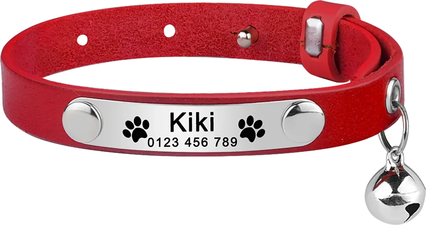 Collier Chat Cuir Personnalisable - Rouge