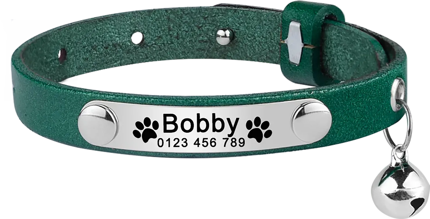 Collier Chat Cuir Personnalisable - Vert