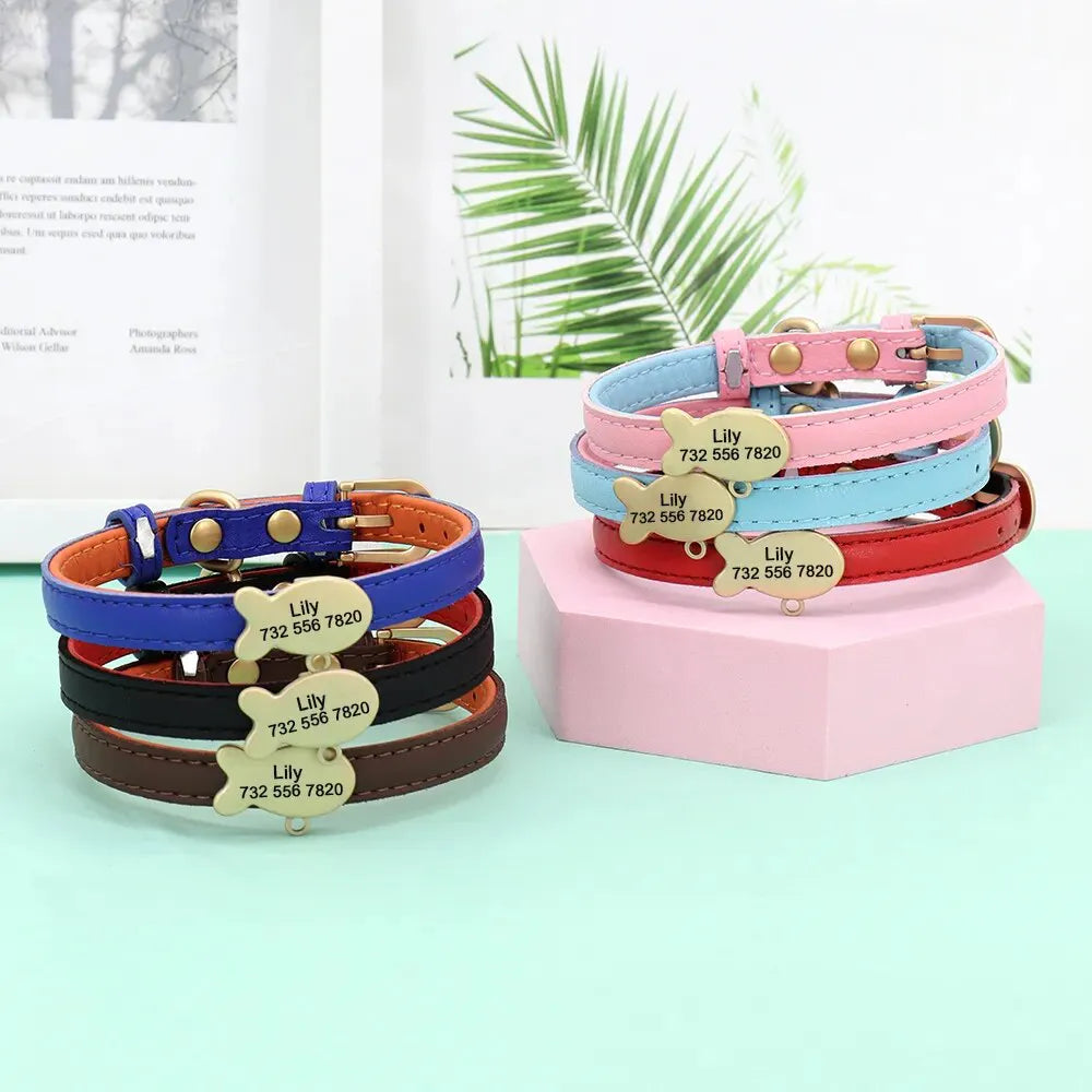 Collier Chat Cuir Personnalisé - Bleu Ciel et Rose / Petit Rectangle / S