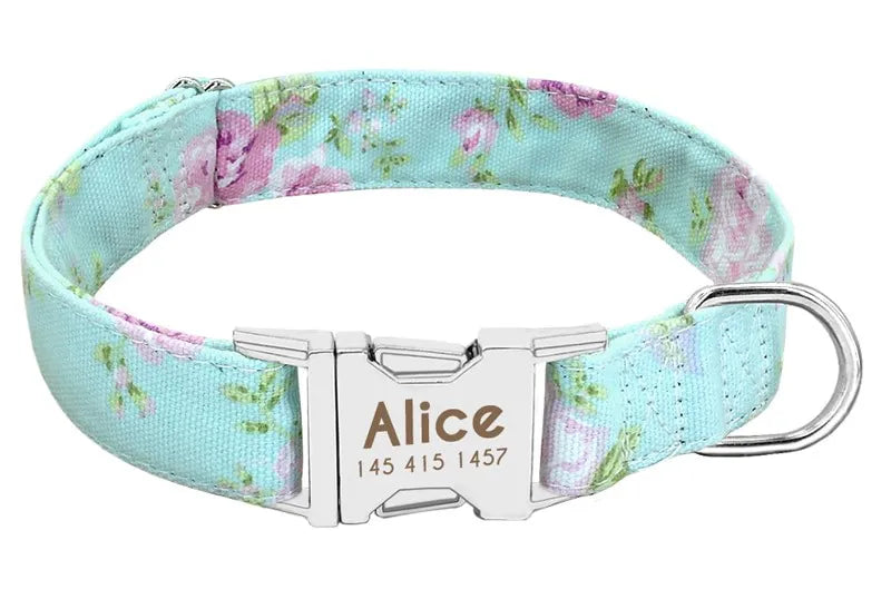 Collier Chien Personnalisé Prénom - Bleu ciel à fleurs / L