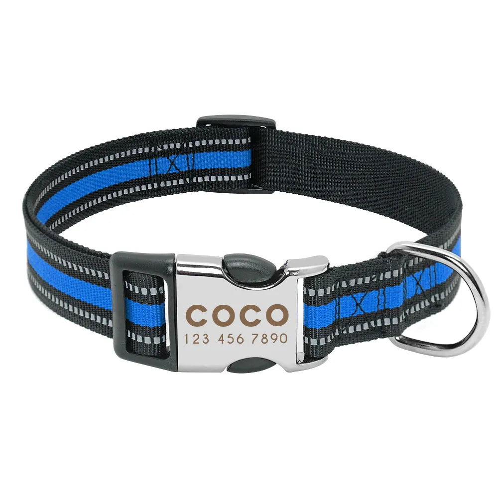 Collier Chien Personnalisé Prénom - Bleu avec bandes réfléchissantes / L