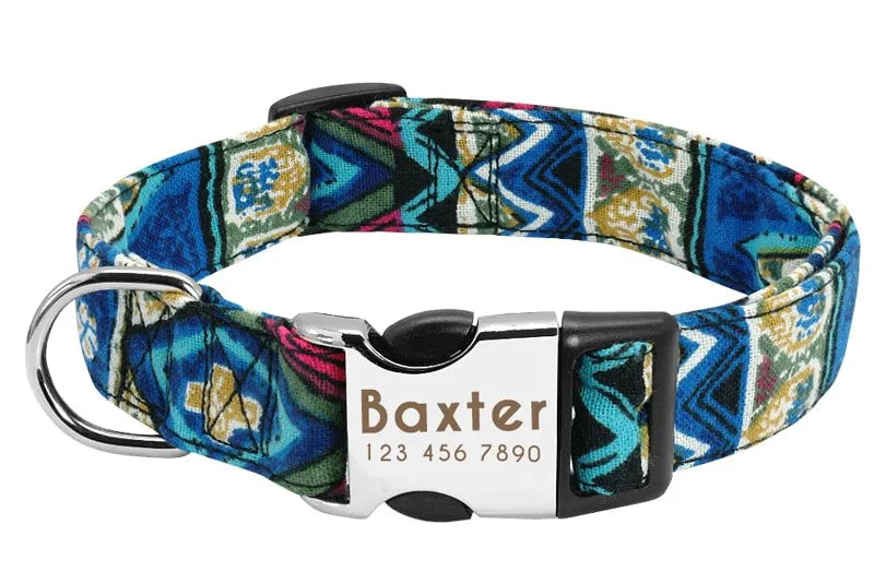 Collier Chien Personnalisé Prénom - Bleu à motifs / L