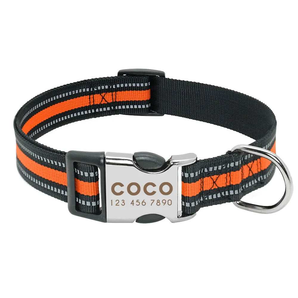 Collier Chien Personnalisé Prénom - Orange avec bandes réfléchissantes / L