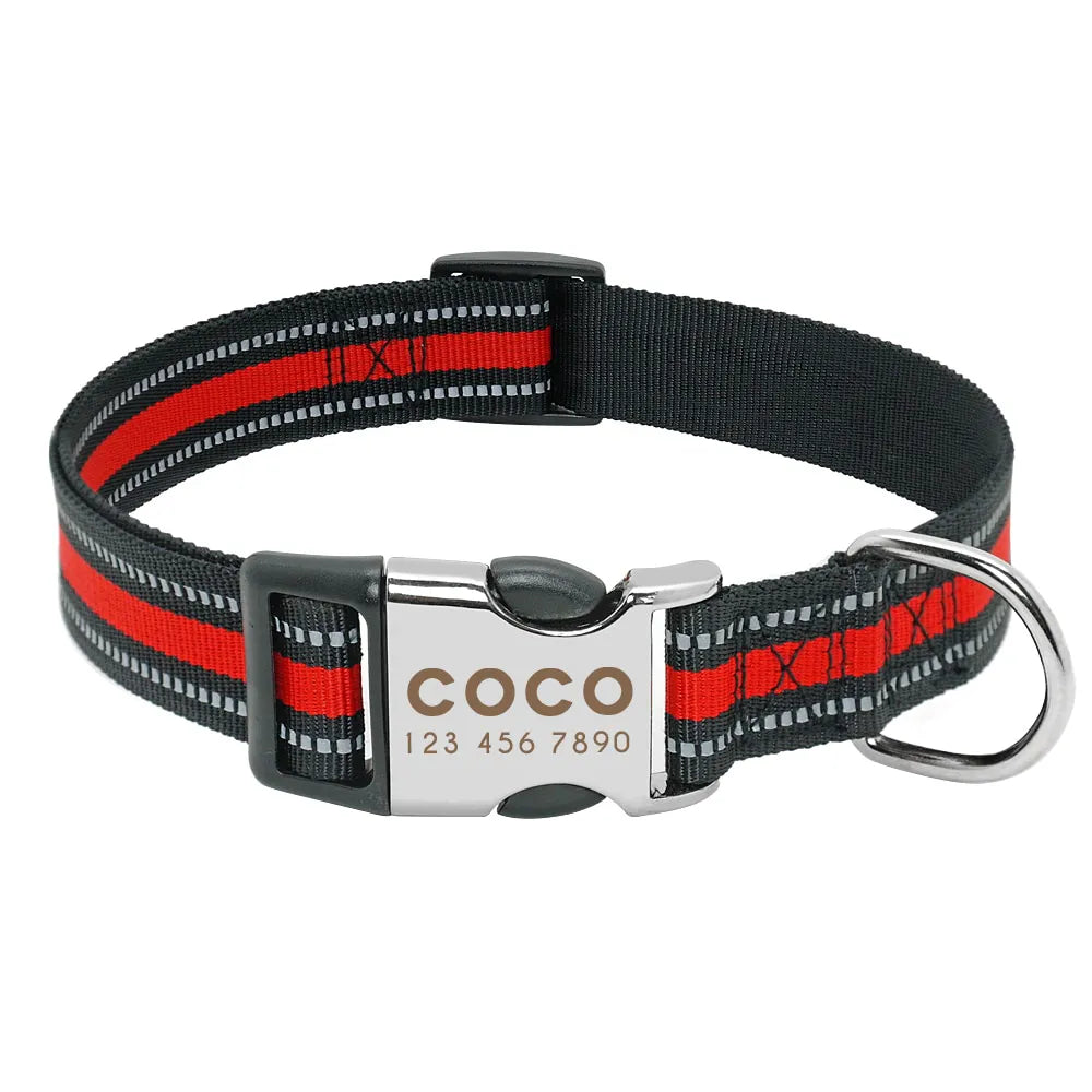 Collier Chien Personnalisé Prénom - Rouge avec bandes réfléchissantes / L
