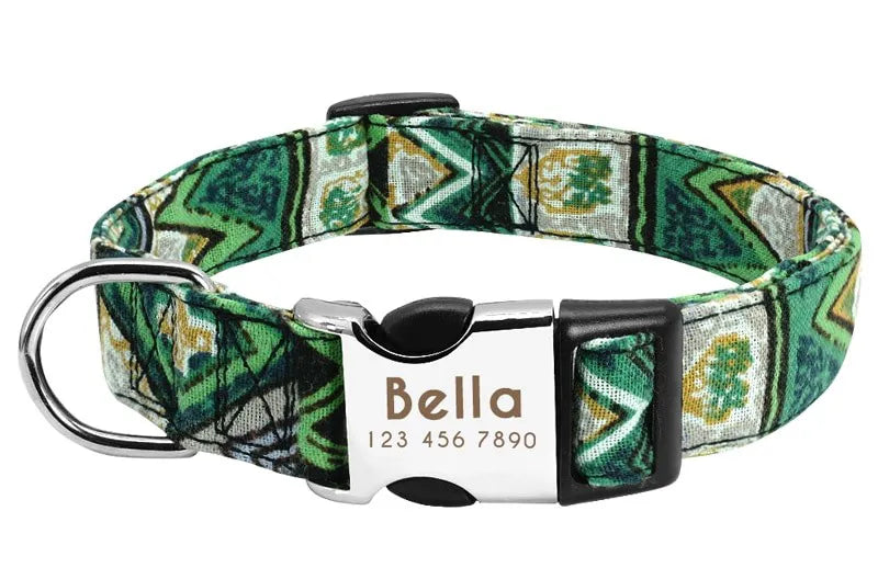 Collier Chien Personnalisé Prénom - Vert à motifs / L