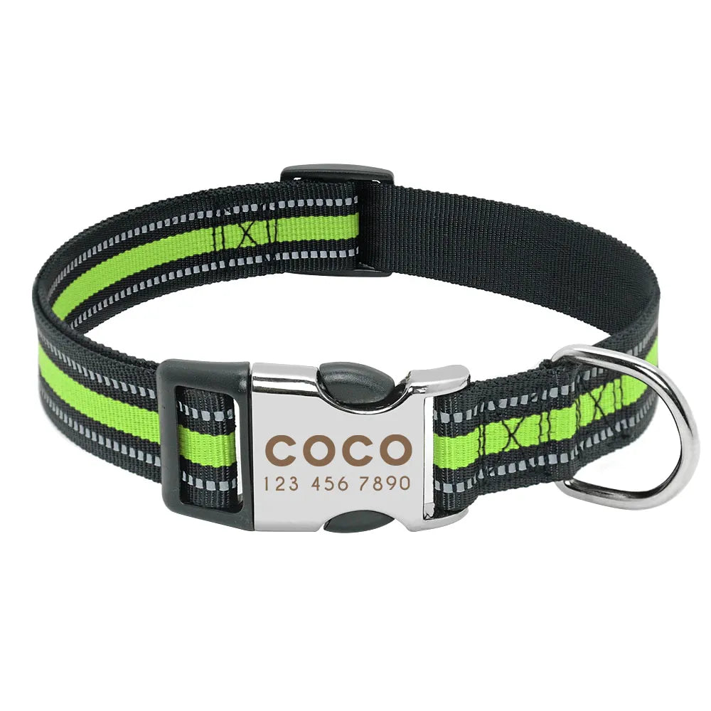 Collier Chien Personnalisé Prénom - Vert avec bandes réfléchissantes / L