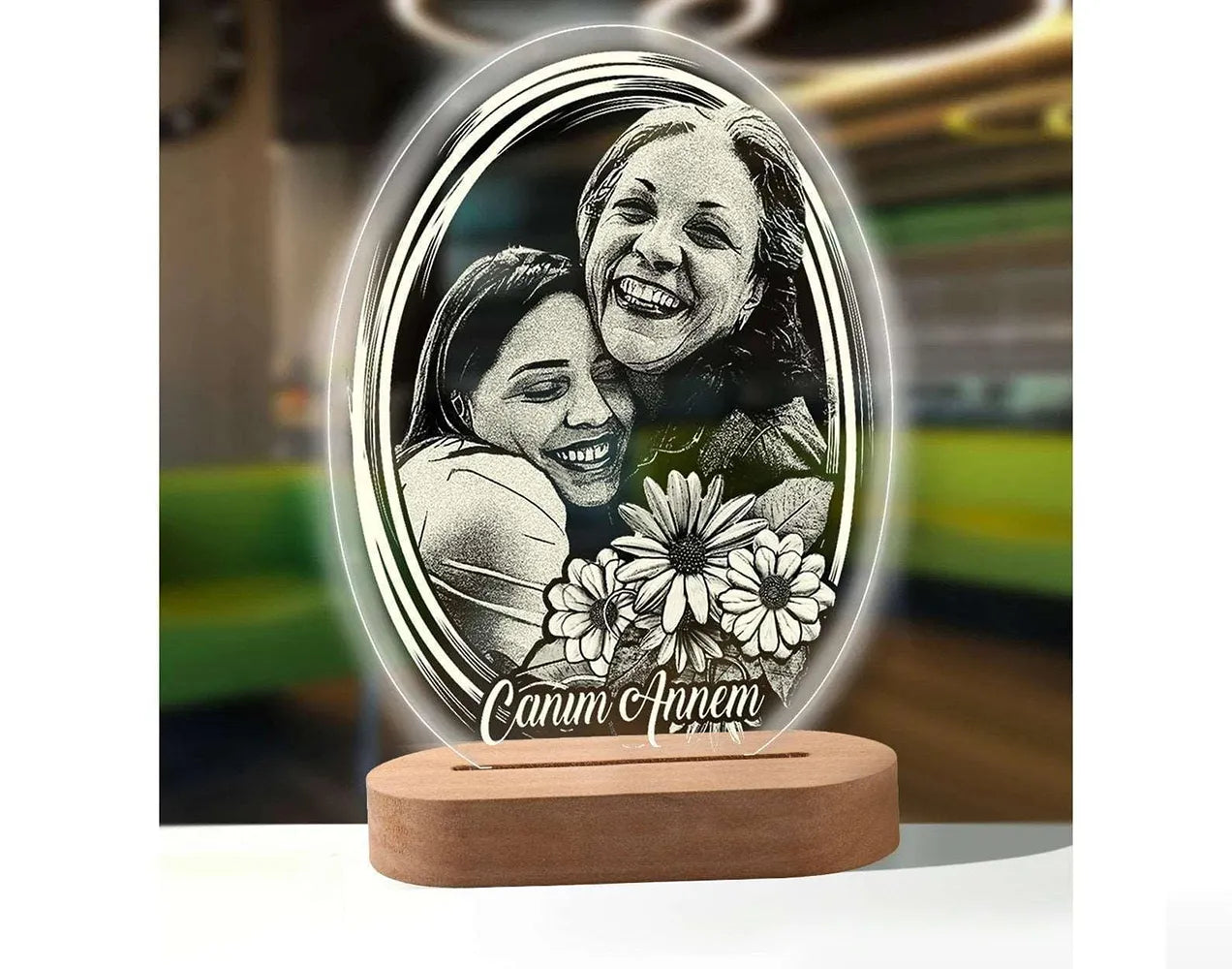 Lampe 3D Personnalisée Photo - Ovale avec fleurs / 7 couleurs