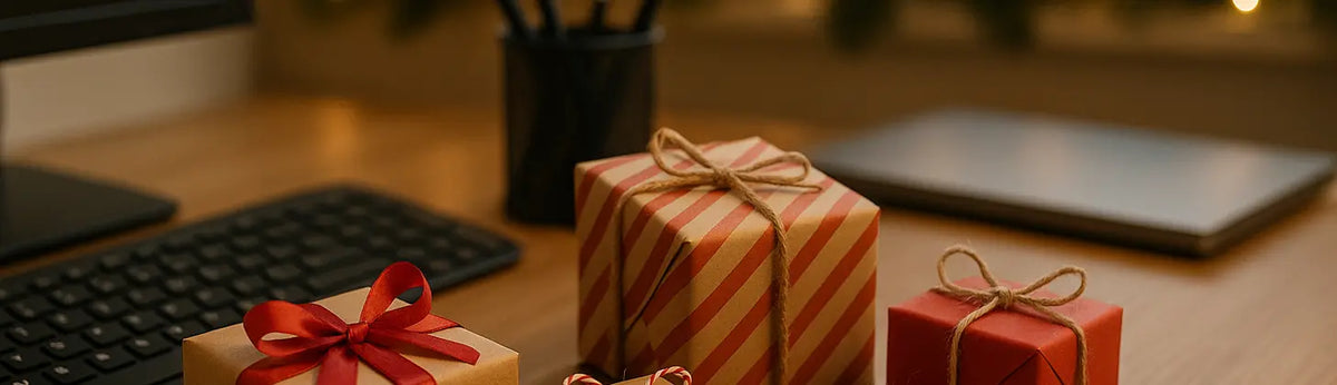 Petits cadeaux Secret Santa emballés sur un bureau