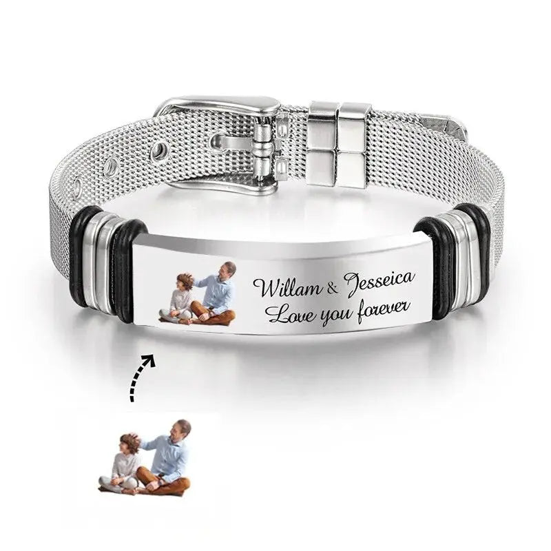 Bracelet Acier Homme Personnalisé Photo Argent Texte + Photo