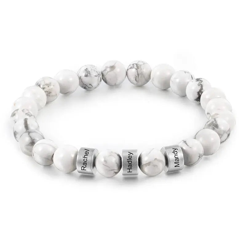 Bracelet Homme Prénom Famille Howlite blanche