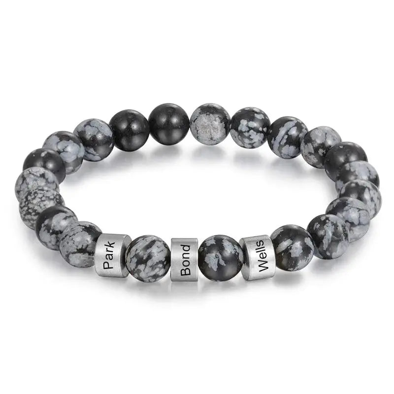 Bracelet Homme Prénom Famille Obsidienne flocon de neige