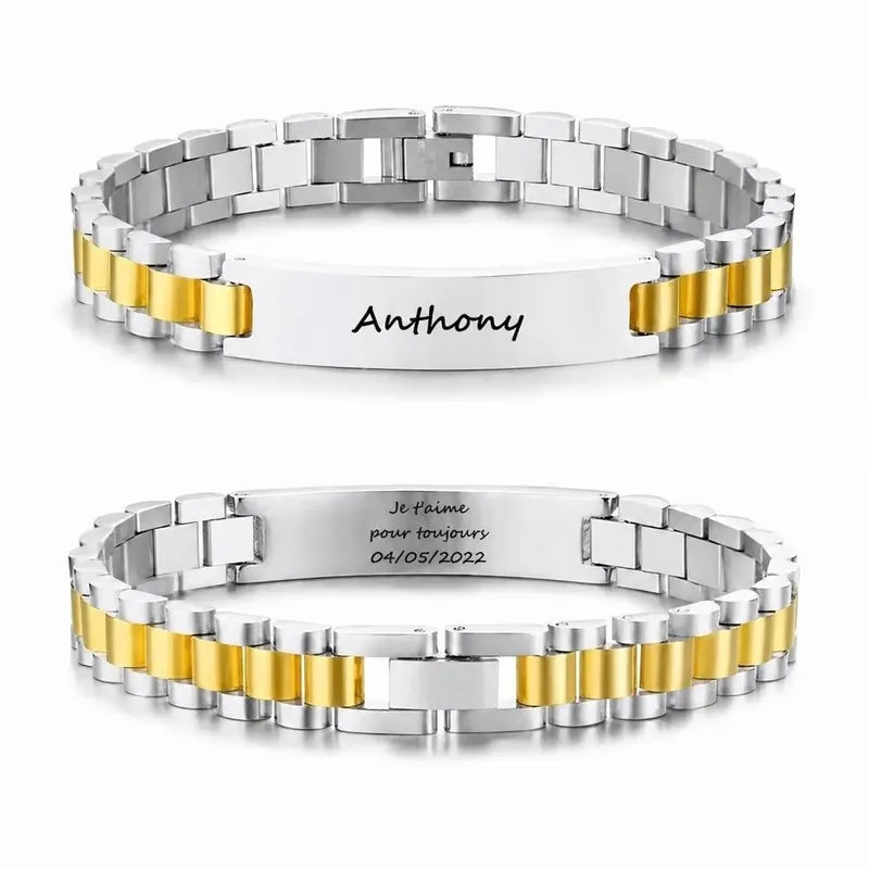 Bracelet Personnalisé Homme Acier Inoxydable Argent et Or