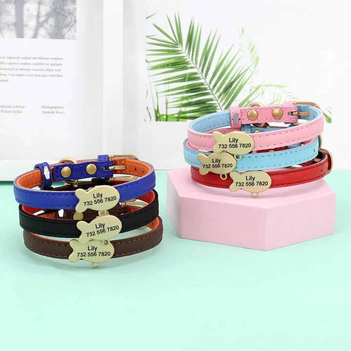 Collier Chat Cuir Personnalisé Bleu Ciel et Rose