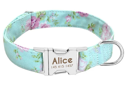 Collier Chien Personnalisé Prénom - Bleu ciel à fleurs / L