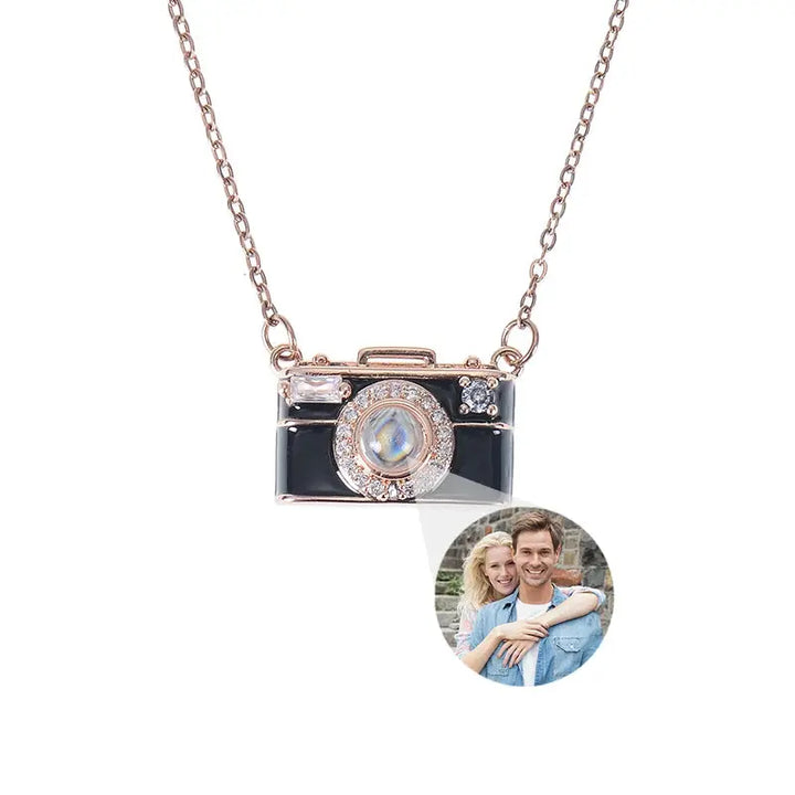 Collier Pendentif Appareil Photo Personnalisable Noir Or Rose