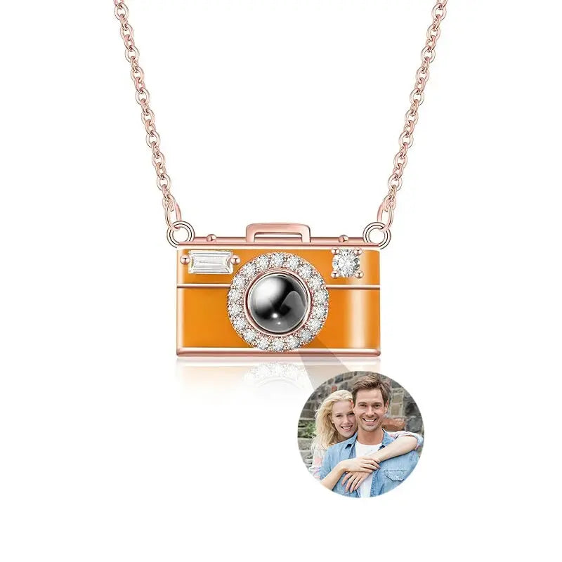 Collier Pendentif Appareil Photo Personnalisable Orange Argent