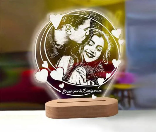 Lampe 3D Personnalisée Photo Ronde avec cœurs